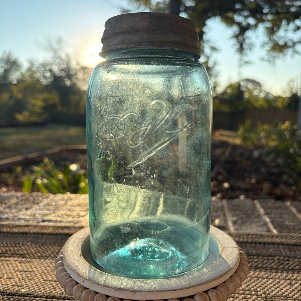 Vintage Triple L Ball Mason Jar Quart Size Blue Aqua Glass Skinny Font 1900-1910